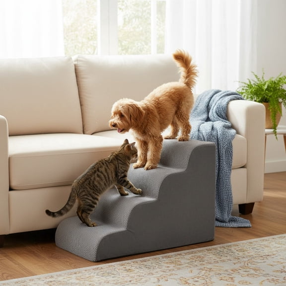 SHOUFTW 4-Step Round Edge Pet Stairs Ramp, High-Density Foam Dog Cat Steps, Non-Slip Indoor Ladder for Couch, High Beds, Car, Gray