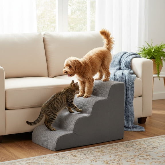 CONCETTA 4-Step Round Edge Pet Stairs Ramp, High-Density Foam Dog Cat Steps, Non-Slip Indoor Ladder for Couch, High Beds, Car, Gray
