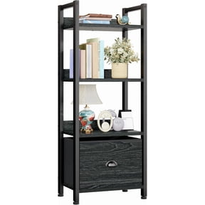 CONCETTA 4 Tier Bookshelf with Drawer, Tall Narrow Bookcase with Shelves, Wood and Metal Storage Organizer for Bedroom, Living Room, Rustic Brown