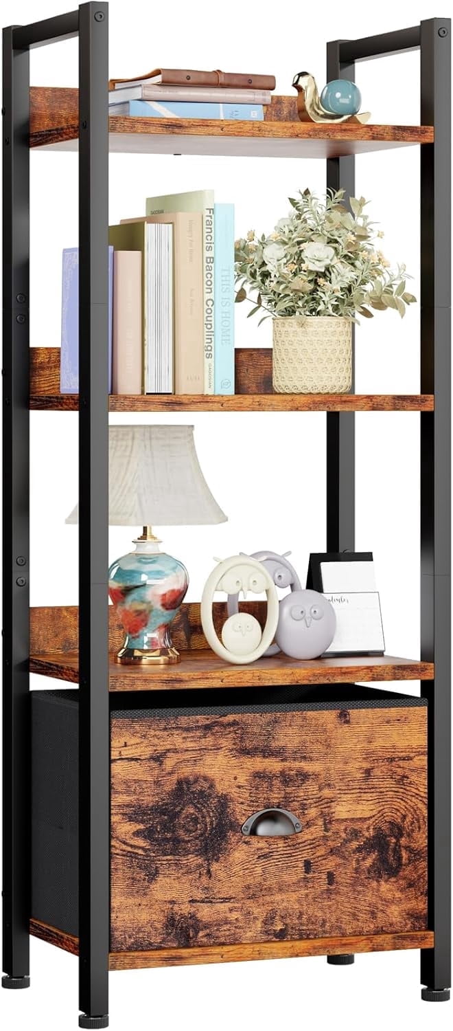 CONCETTA 4 Tier Bookshelf with Drawer, Tall Narrow Bookcase with Shelves, Wood and Metal Storage Organizer for Bedroom, Living Room, Rustic Brown