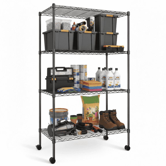 CONCETTA 4 Tier Heavy Duty Storage Shelves with Wheels, Adjustable Shelving Unit for Garage Kitchen Pantry, 200 lbs per Shelf, Black, 23" L x 13" W x 47" H