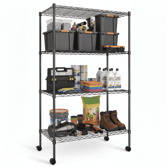 CONCETTA 4 Tier Heavy Duty Storage Shelves with Wheels, Adjustable Shelving Unit for Garage Kitchen Pantry, 200 lbs per Shelf, Black, 23" L x 13" W x 47" H