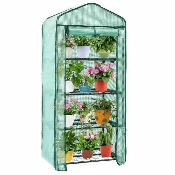 CONCETTA 4-Tier Mini & Portable Greenhouse with Wheels, Rust-Resistant Steel Frame, Clear PVC Cover for Indoor or Outdoor Gardening, Green