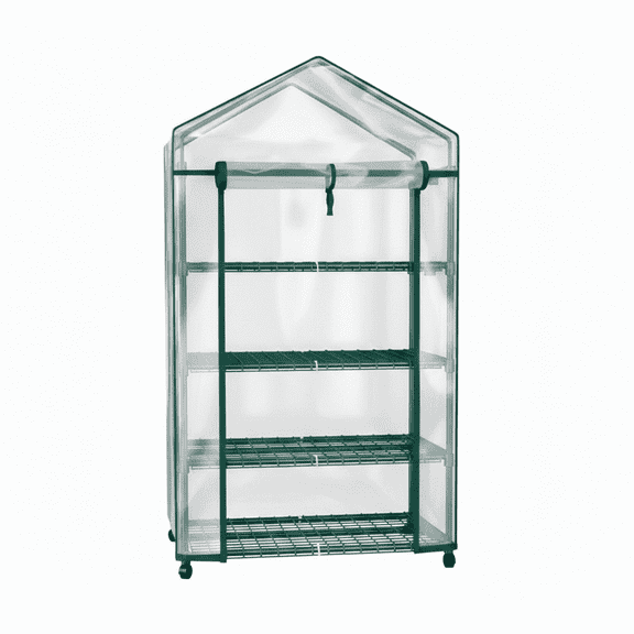 CONCETTA 4-Tier Mini & Portable Greenhouse with Wheels, Rust-Resistant Steel Frame, PVC Cover for Indoor or Outdoor Gardening, Green, Clear