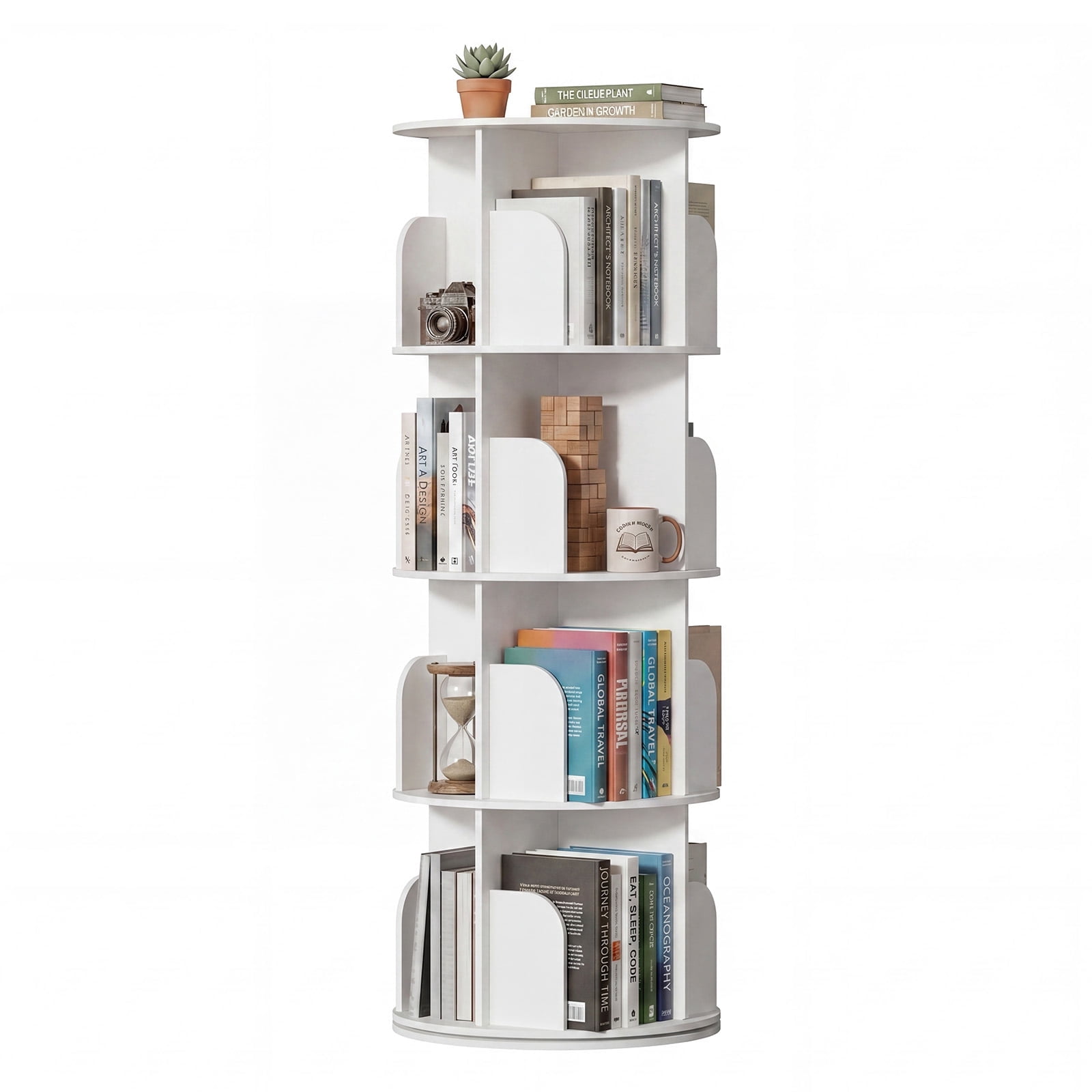 CONCETTA 4-Tier Rotating Bookshelf, 360° Spinning Bookcase with Safety Guard, Space-Saving PVC Storage for Bedroom, White