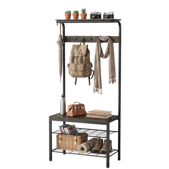 CONCETTA 71" Hall Tree with Shoe Bench, Narrow Entryway Coat Rack with Shoe Storage, Removable Hooks, Hanging Rod, Gray