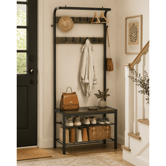 CONCETTA 71" Hall Tree with Shoe Bench, Narrow Entryway Coat Rack with Shoe Storage, Removable Hooks, Hanging Rod, Gray