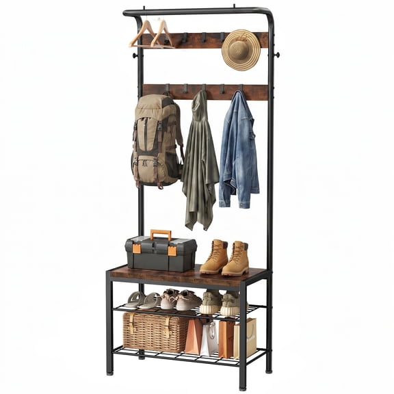 CONCETTA 4-in-1 Coat Rack Hall Tree with Shoe Bench, Shoe Storage, Removable Hooks, Hanging Rod, 13.3 x 28.3 x 72.1 Inches, Rustic Brown