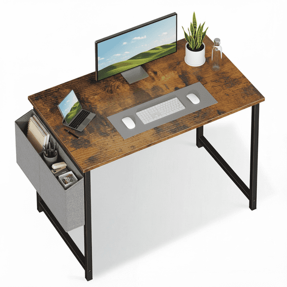 CONCETTA 40 Inch Computer Writing Desk with Storage Bag, Steel Frame for Home Office Study, Brown