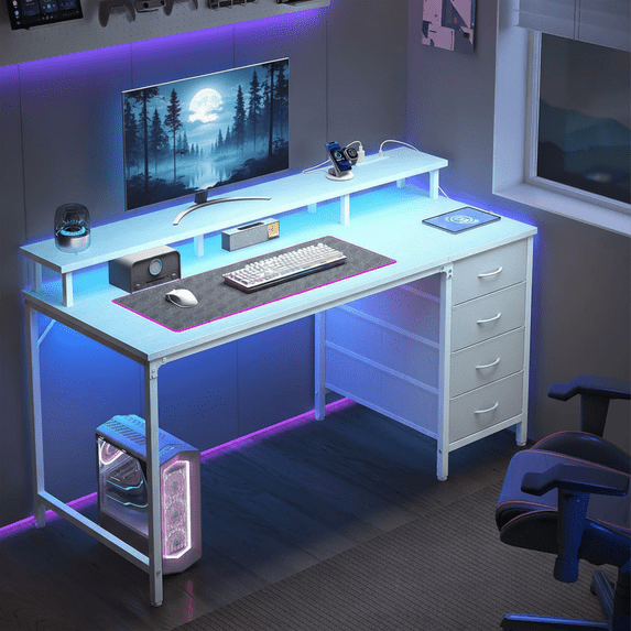 CONCETTA 40 Inch Computer Gaming Desk with 4 Drawers, Power Outlets and LED Lights for Home Small Spaces, White