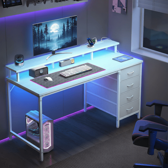 CONCETTA 40 Inch Computer Gaming Desk with 4 Drawers, Power Outlets and LED Lights for Home Small Spaces, White