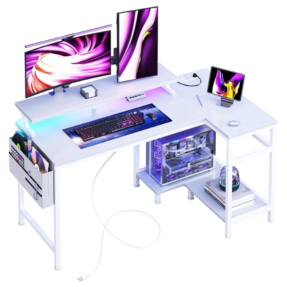 CONCETTA 40" L Shaped Gaming Desk with USB Charging, LED Lights, Power Outlets, Large Storage space, Monitor Stand, White