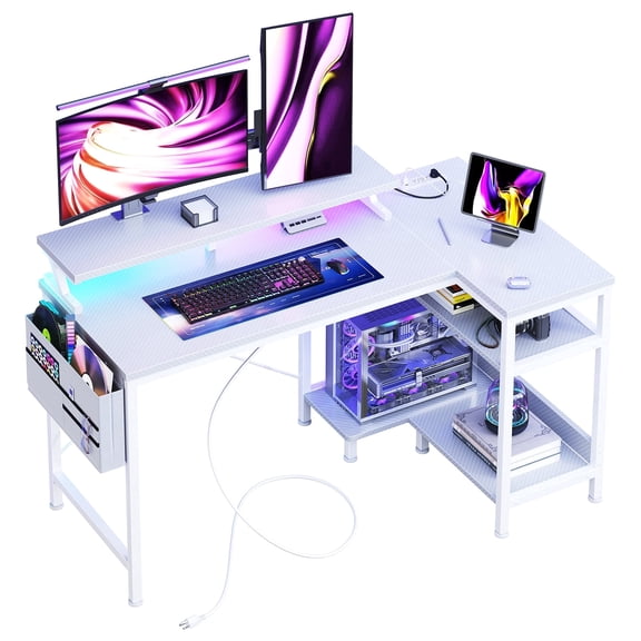 CONCETTA 40" L Shaped Gaming Desk with USB Charging, LED Lights, Power Outlets, Large Storage space, Monitor Stand, White