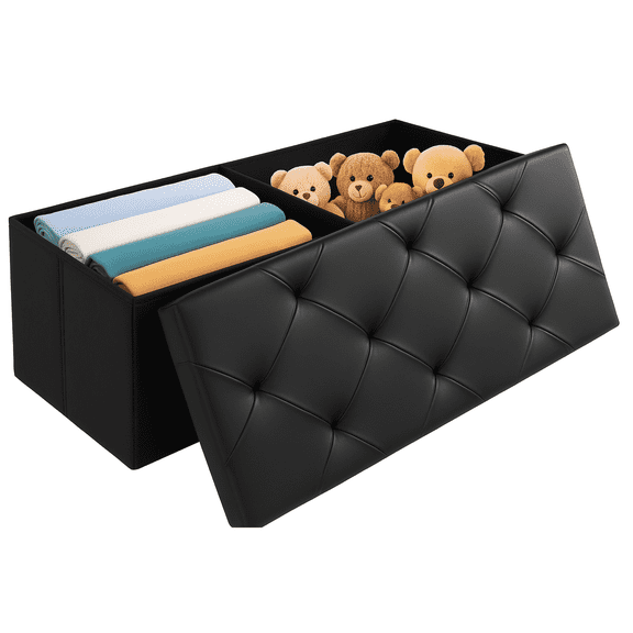 CONCETTA 43" Storage Ottoman – Foldable Faux Leather Stool with Storage, 660 lb Capacity, for Bedroom, Living Room, Entryway, Black