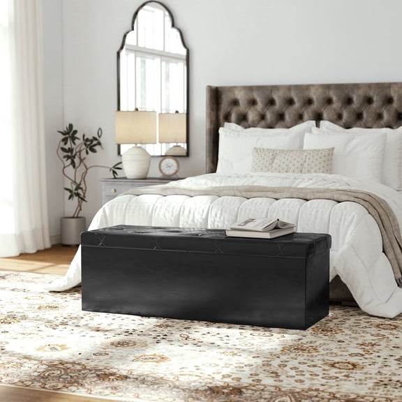 CONCETTA 43" Storage Ottoman Bench, Foldable Storage Chest, End of Bed Foot Stool with Padded Seat, Bedroom Bench, Support 660lbs, PVC Black