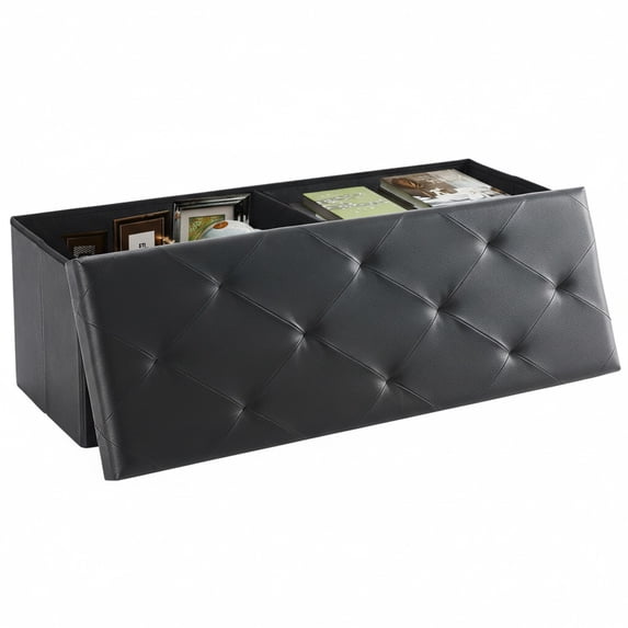 CONCETTA 43" Storage Ottoman Bench, Foldable Storage Chest, End of Bed Foot Stool with Padded Seat, Bedroom Bench, Support 660lbs, PVC Black