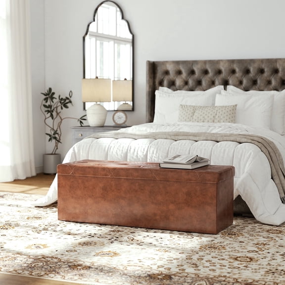 CONCETTA 43" Storage Ottoman Bench, Foldable Storage Chest, End of Bed Foot Stool with Padded Seat, Bedroom Bench, Support 660lbs, PVC Brown