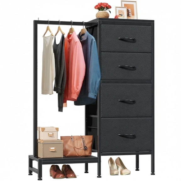 CONCETTA 44-inch Tall Dresser with Hanging Rack & 4 Drawers, Small Bedroom Closet, Reversible Fabric Chest, Sturdy Frame Storage Tower, Black