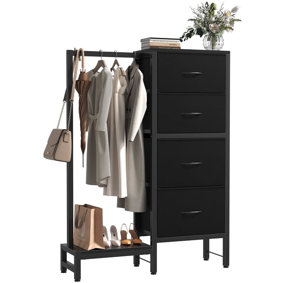 CONCETTA 44-inch Tall Dresser with Hanging Rack & 4 Drawers, Small Bedroom Closet, Reversible Fabric Chest, Sturdy Frame Storage Tower, Black