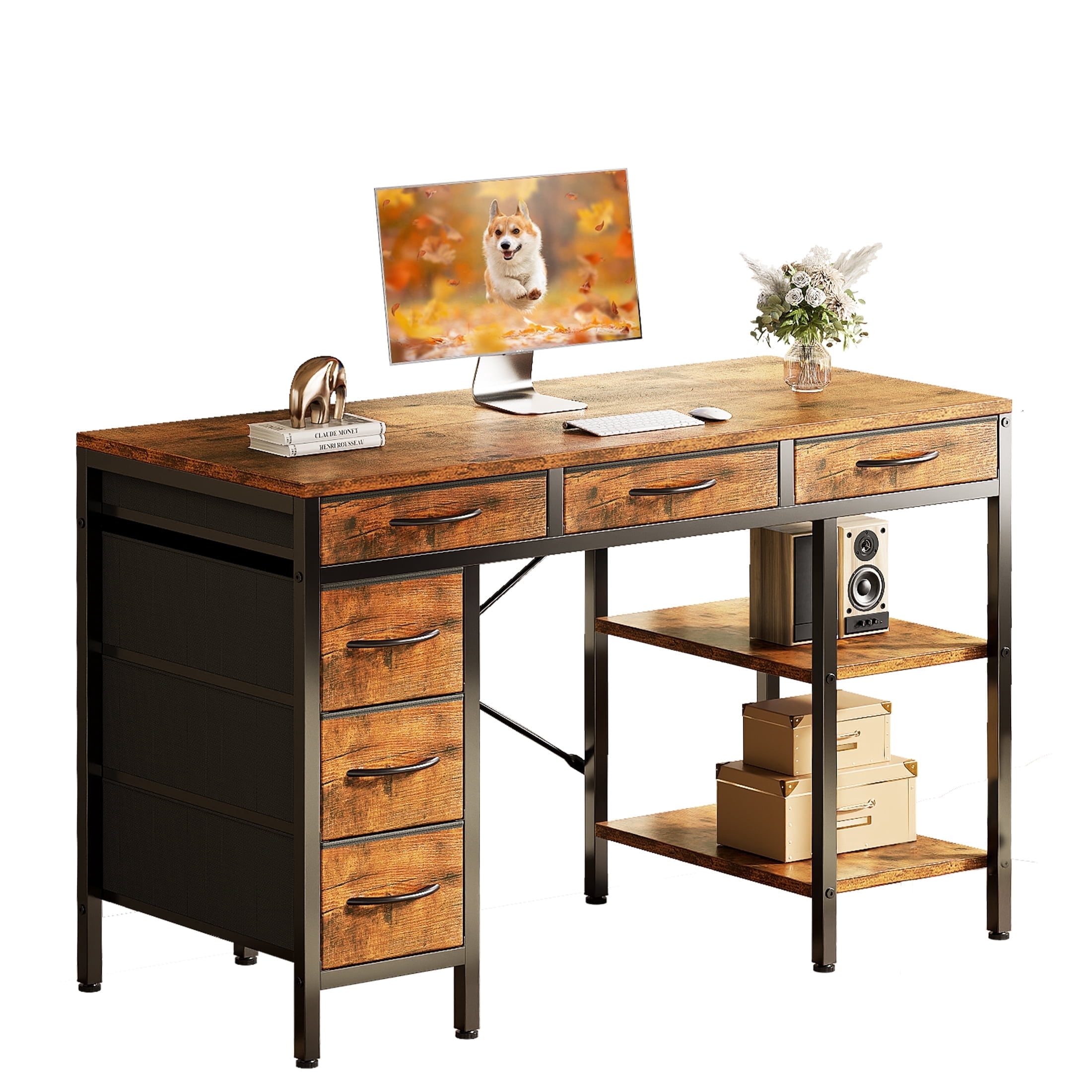 CONCETTA 47 inch Computer Desk with 6 Drawers & 2 Open Shelves, Modern Home Office Desk with Storage, Writing Study Desk for Bedroom, Workspace，Rust