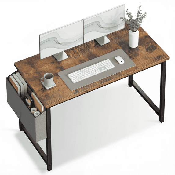 CONCETTA 47 Inch Computer Writing Desk with Storage Bag, Steel Frame for Home Office Study, Brown