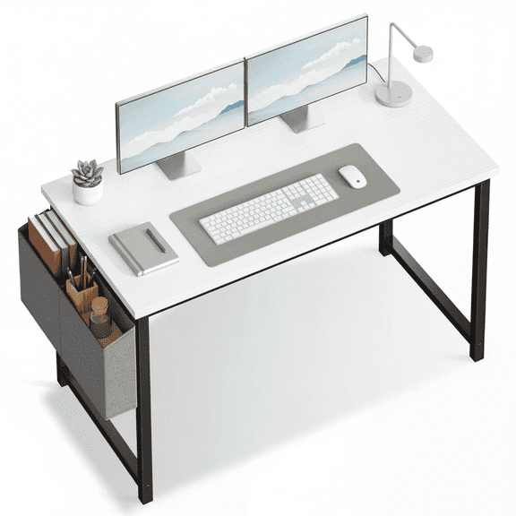 CONCETTA 47 Inch Computer Writing Desk with Storage Bag, Steel Frame for Home Office Study, White