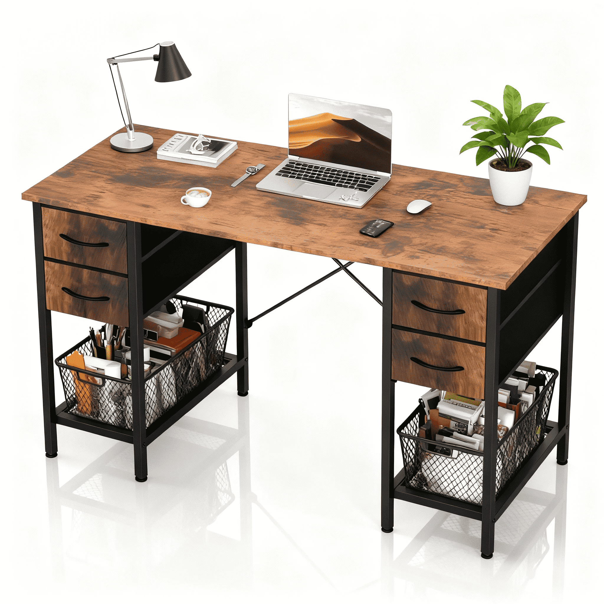 CONCETTA 47 Inch Computer Desk with 4 Drawers & Mesh Shelf, Large Desktop,Storage Desk for Home Office, Gaming & Study, Flexible Setup, Rustic Brown