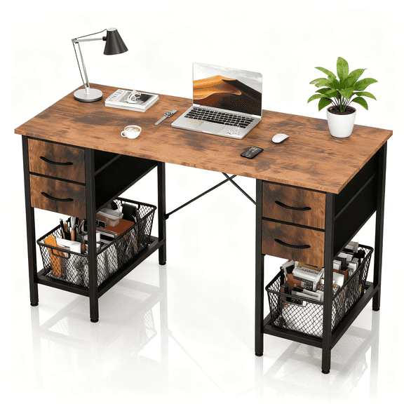 CONCETTA 47 Inch Computer Desk with 4 Drawers & Mesh Shelf, Large Desktop,Storage Desk for Home Office, Gaming & Study, Flexible Setup, Rustic Brown
