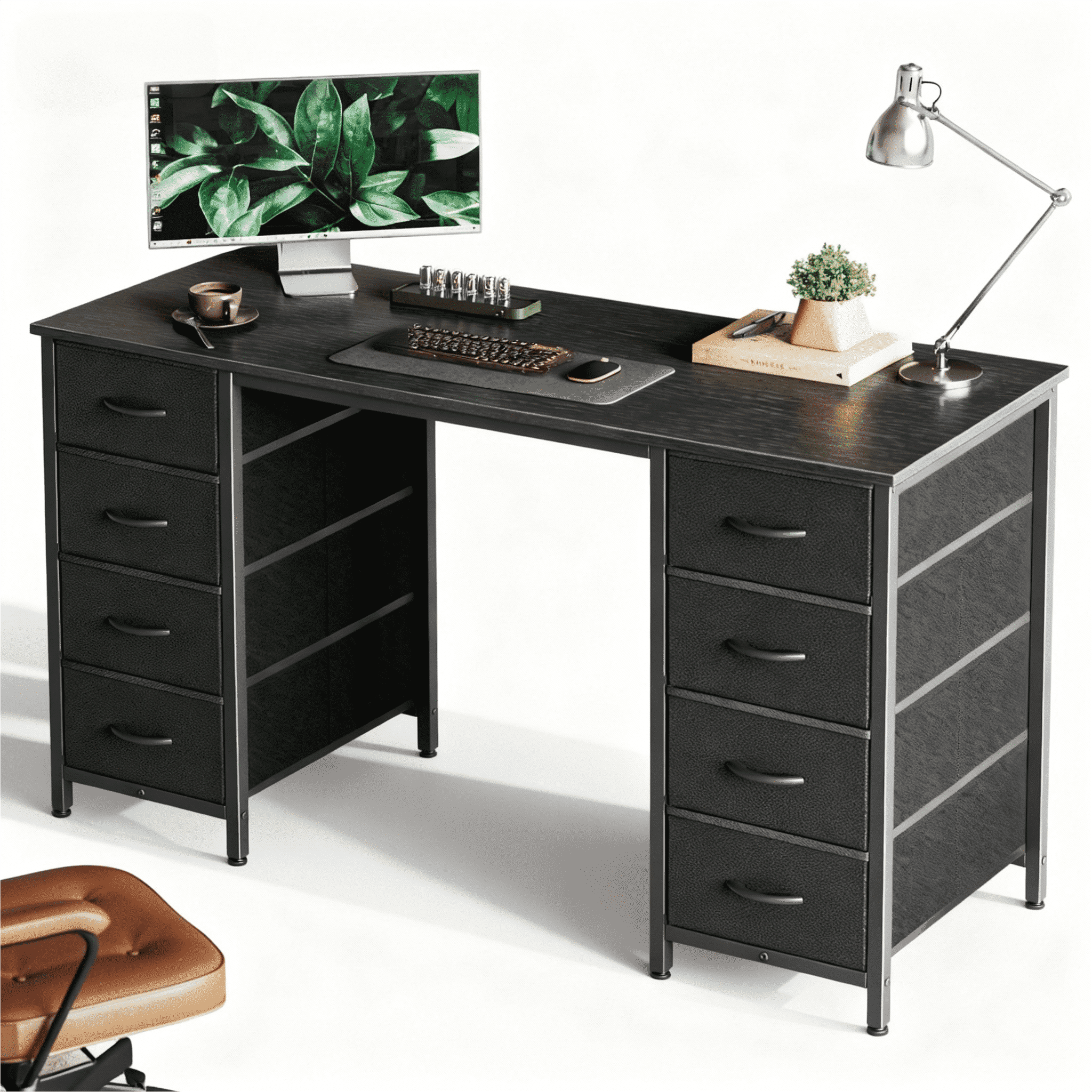 CONCETTA 47 Inch Computer Desk with 8 Fabric Drawers, Home Office Desk Workstation for Study & Gaming, Large Storage Writing Desk, Sturdy Metal Frame, Black