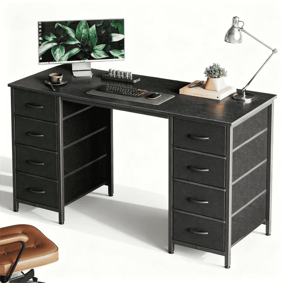 CONCETTA 47 Inch Computer Desk with 8 Fabric Drawers, Home Office Desk Workstation for Study & Gaming, Large Storage Writing Desk, Sturdy Metal Frame, Black