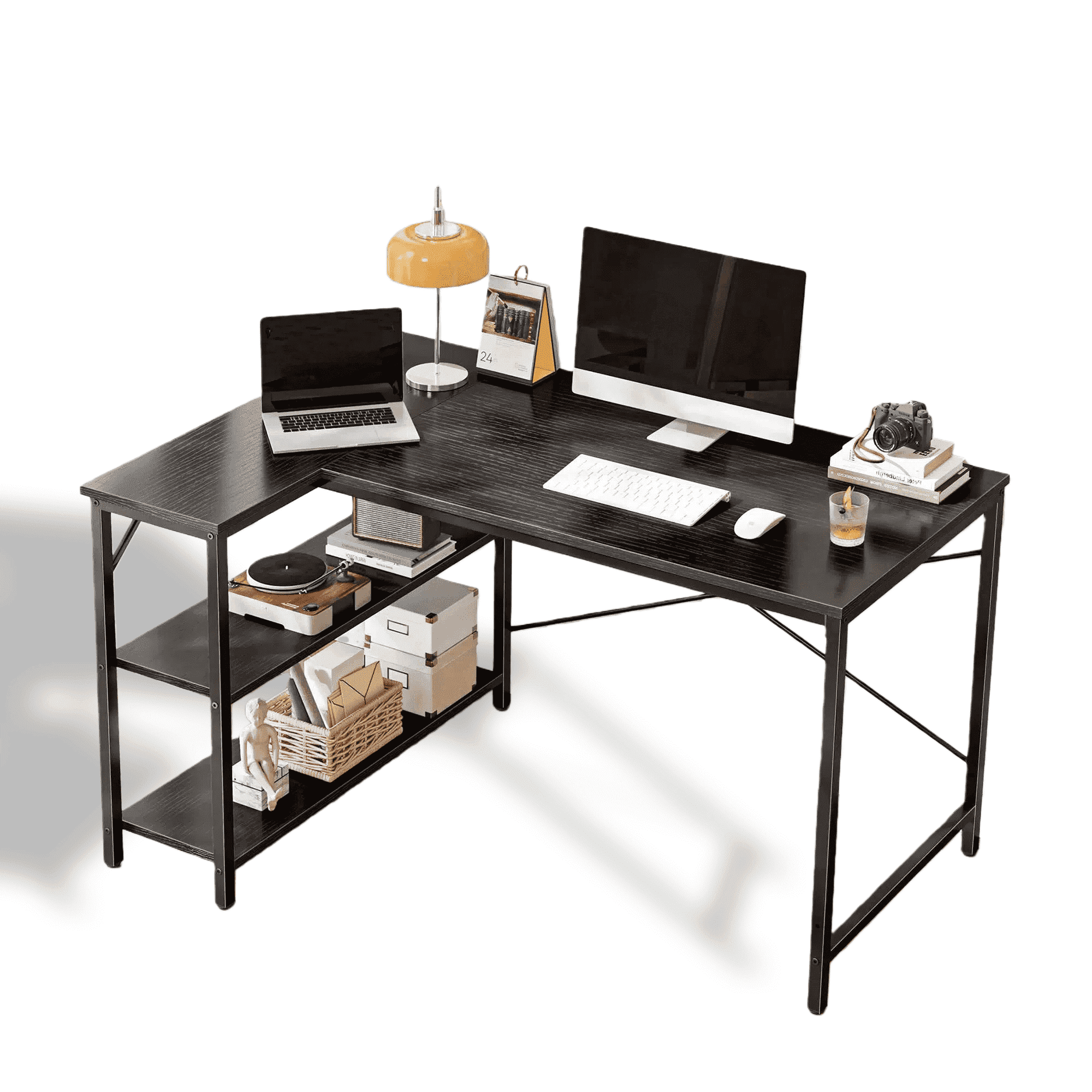 CONCETTA 47” L Shaped Computer Desk with Reversible Storage Shelves, Corner Gaming Desk with PC Stand, Home Office Writing Study Table, Brown