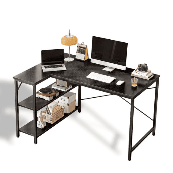 CONCETTA 47 Inch L Shaped Computer Desk with Reversible Storage Shelves, Corner Gaming Desk with PC Stand, Home Office Writing Study Table, Sturdy Metal Frame, Black