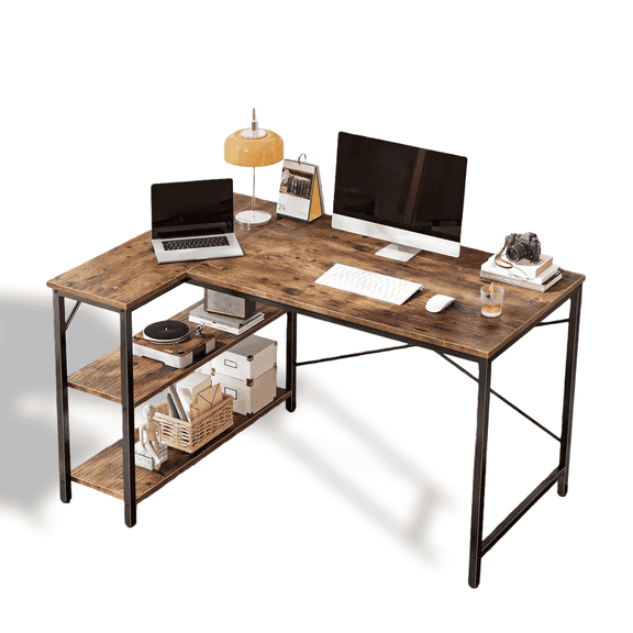 CONCETTA 47 Inch L Shaped Computer Desk with Reversible Storage Shelves, Corner Gaming Desk with PC Stand, Home Office Writing Study Table, Sturdy Metal Frame, Brown