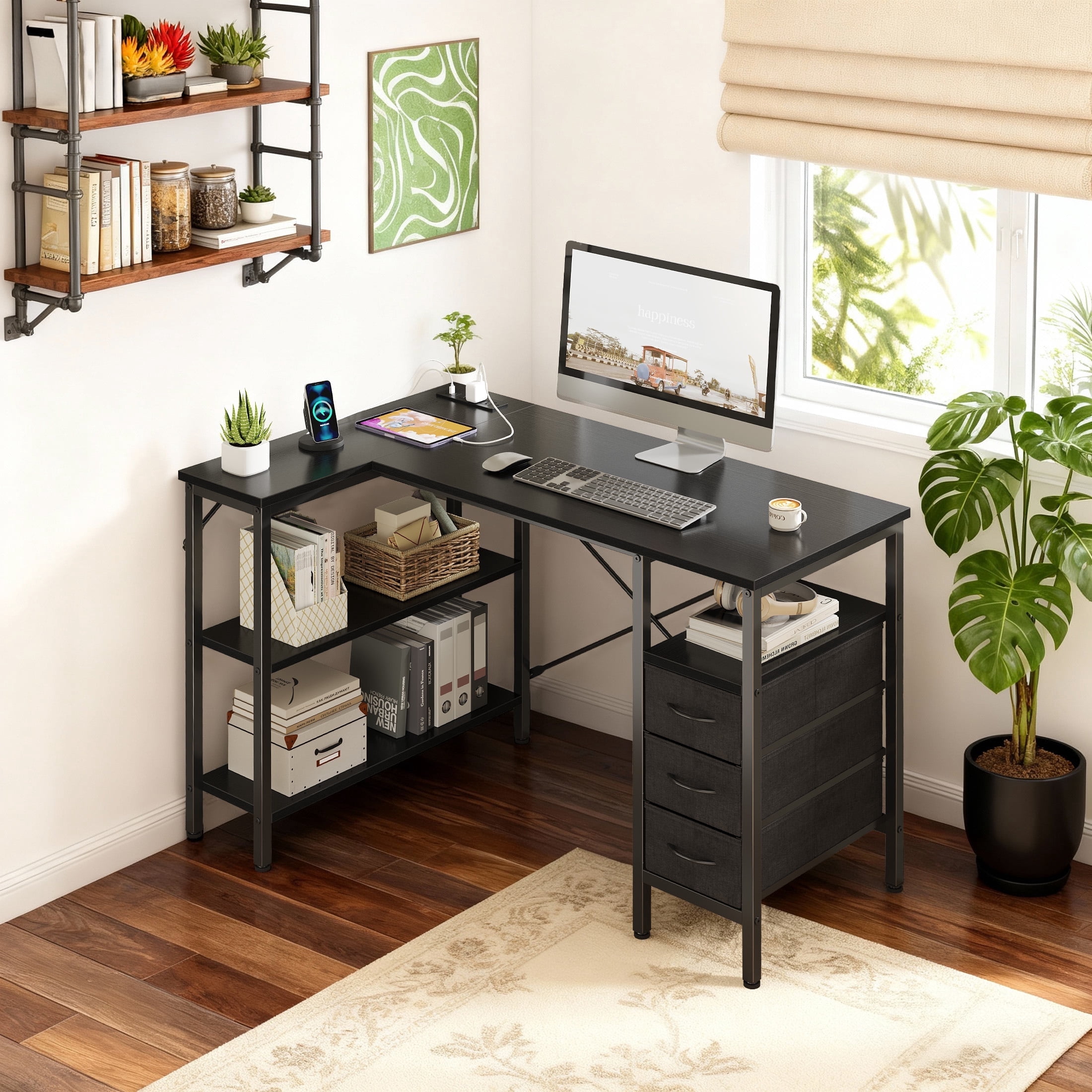 CONCETTA 47"L Shaped Computer Desk with 3 Drawers, Power Outlets, USB Ports, and Monitor Stand, Corner Gaming Desk for Home Office,Black