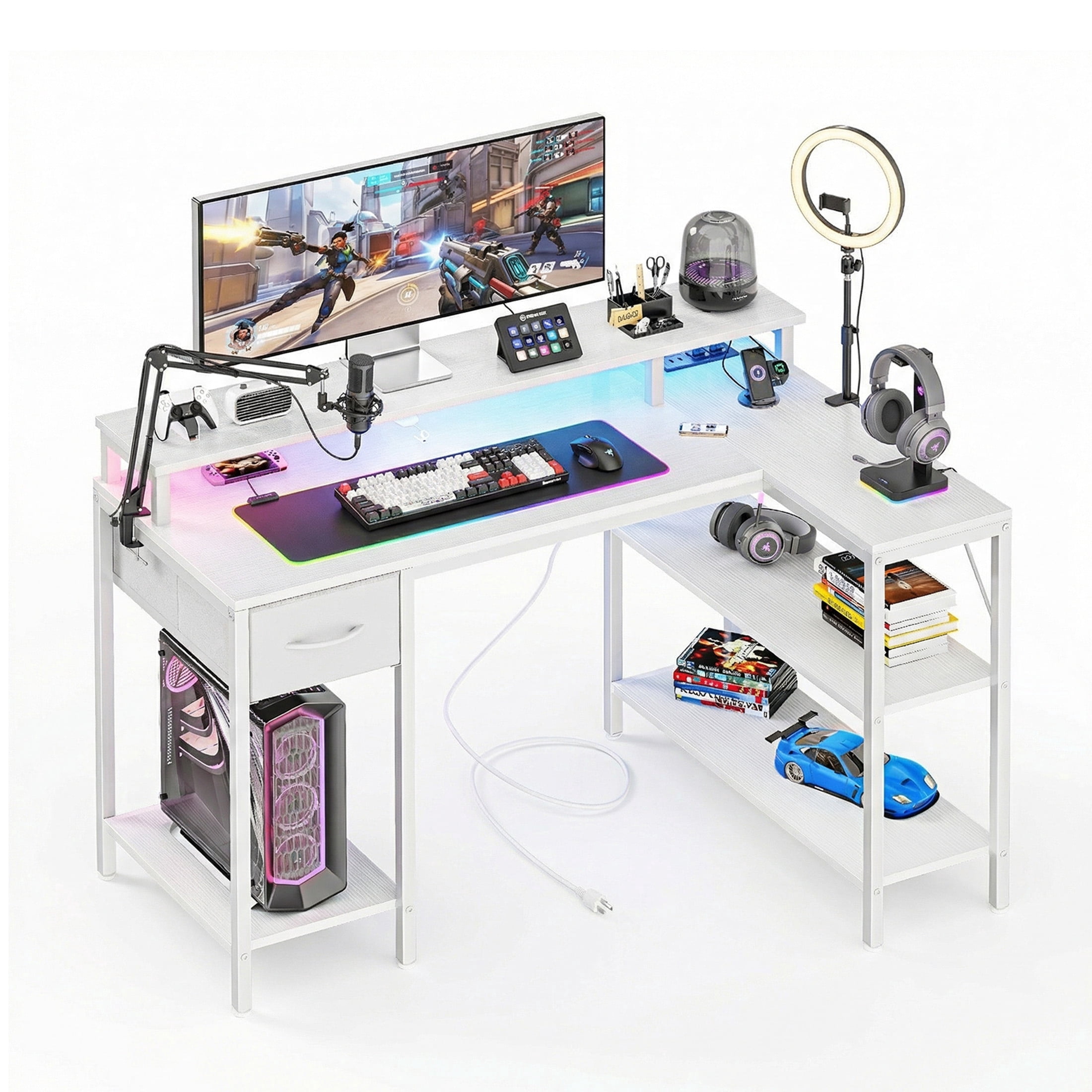 CONCETTA 47 inch L-Shaped Gaming Desk, Reversible Design with LED Lighting, Power Outlets and Double-Tier Storage, White for Home Office