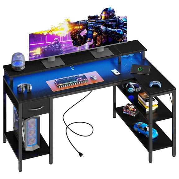 CONCETTA 47 inch L-Shaped Gaming Desk - Reversible with LED Lighting, Power Outlets & Double-Tier Storage, for Home Office Black