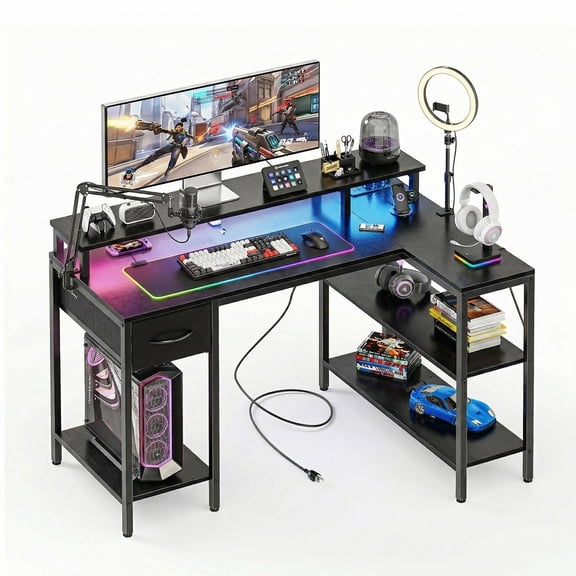 CONCETTA 47 inch L-Shaped Gaming Desk - Reversible with LED Lighting, Power Outlets & Double-Tier Storage, for Home Office Black