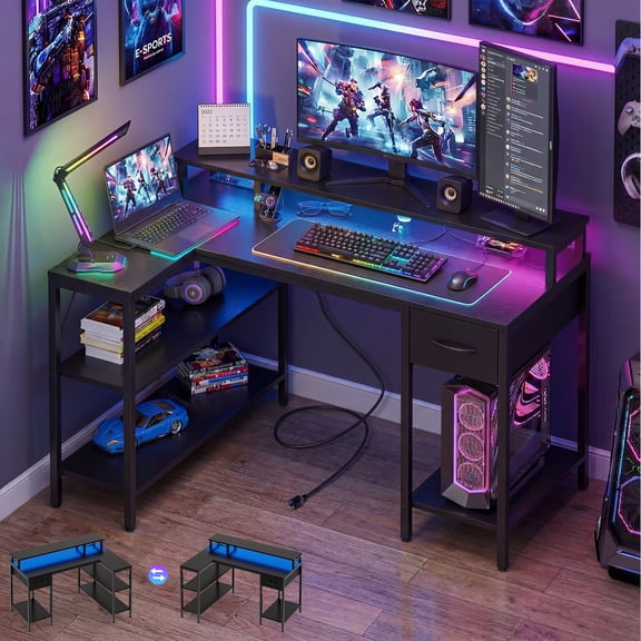 CONCETTA 47 inch L-Shaped Gaming Desk - Reversible with LED Lighting, Power Outlets & Double-Tier Storage, for Home Office Black