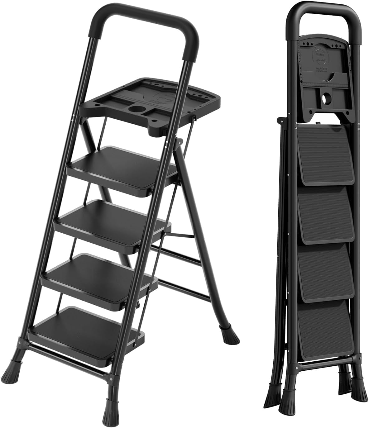 JIOABL 2 step ladder Non Slip Pedals Comfortable Handrails Portable Steel Ladder 800 lbs Capacity Ideal Kitchen Garage Outdoor Use Black