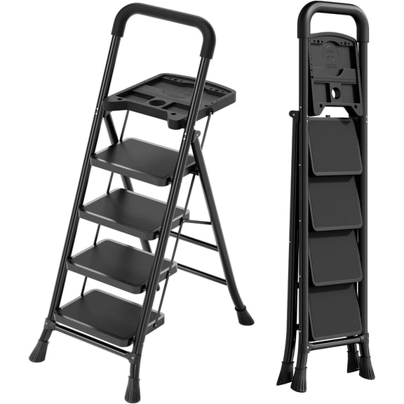 CONCETTA 48 Inch Iron Stepstool, 2 Folding Stepstool with Non-Slip Pedals and Comfortable Handrails, Sturdy Steel Ladder Portable Heavy Duty Stepstool for Kitchen, Garage and Outdoor Use, Black