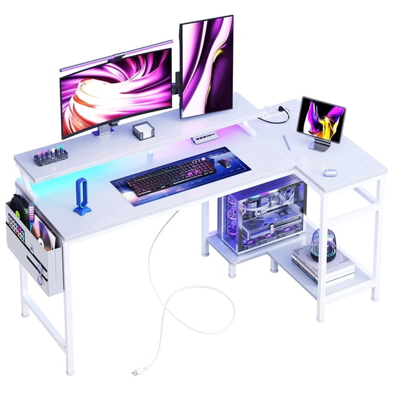 CONCETTA 48" L Shaped Gaming Desk with USB Charging, LED Lights, Power Outlets, Large Storage space, Monitor Stand, White
