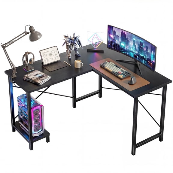 CONCETTA 49“ L Shaped Computer Desk with Movable CPU Stand, Corner Desk for Save Space, Home Office, Black