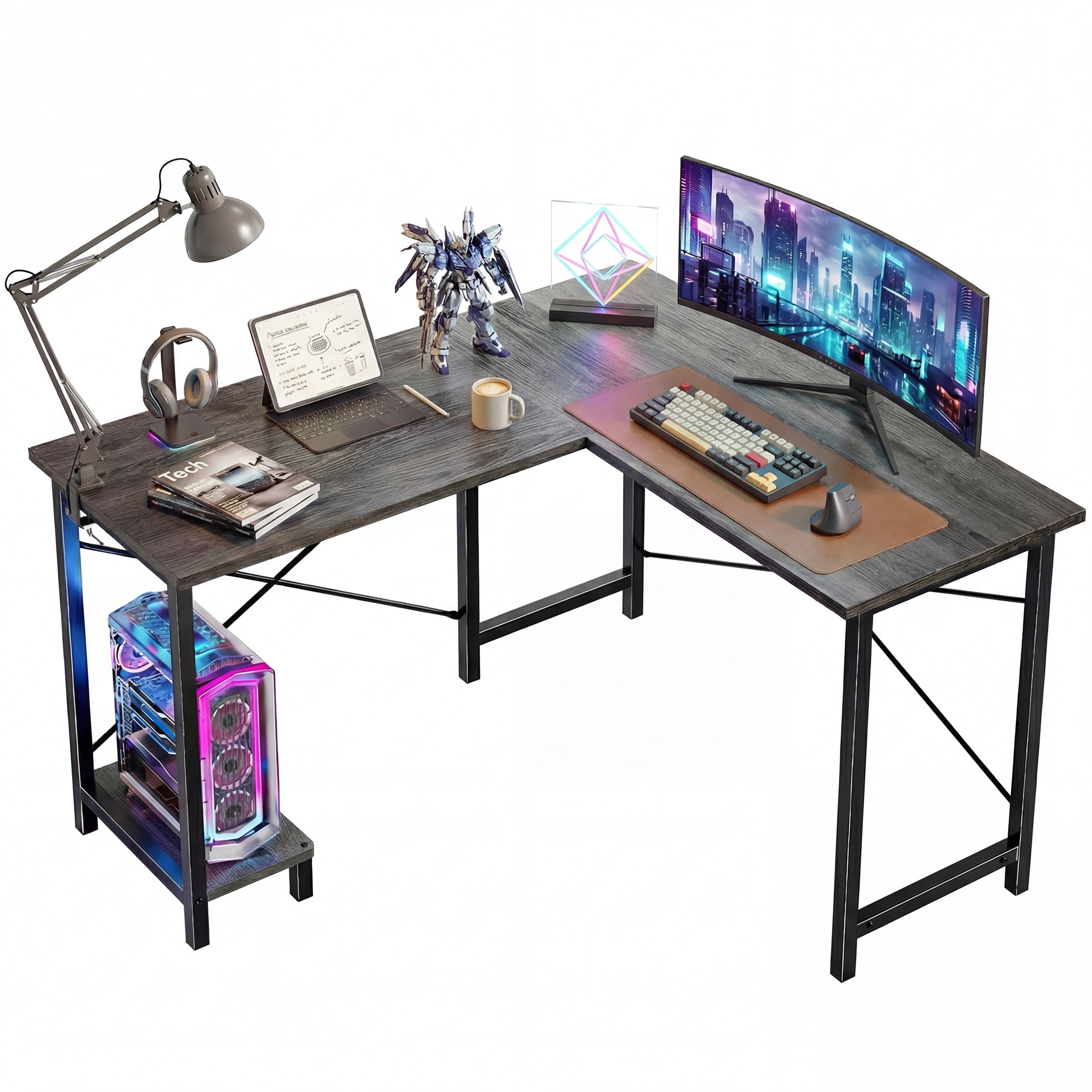 CONCETTA 49” L Shaped Computer Desk with Movable CPU Stand, Corner Desk for Save Space, Home Office, Wood Gray