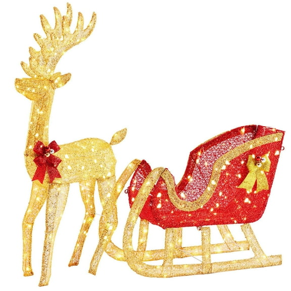 CONCETTA 4ft Lighted Christmas Reindeer & Sleigh Yard Decoration, Outdoor Holiday Lighted Display w/ 180 LED Lights, Gold Red