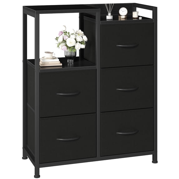 CONCETTA 5 Drawer Fabric Dresser, 2-Tier Shelf Storage Chest, Storage Cabinet for Bedroom, Hallway, Entryway, Black