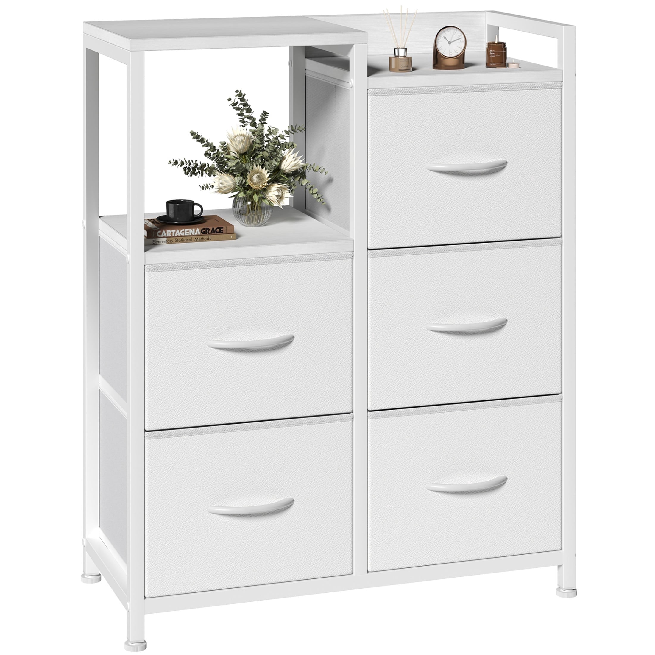 CONCETTA 5 Drawer Fabric Dresser, 2-Tier Shelf Storage Chest, Storage Cabinet for Bedroom, Hallway, Entryway, White