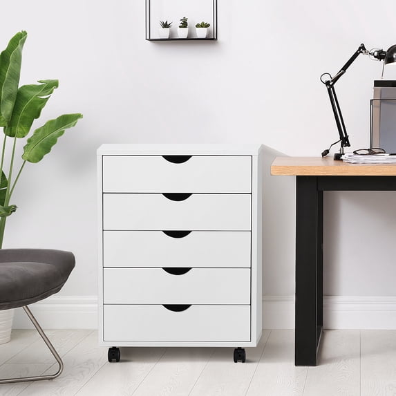 CONCETTA 5-Drawer File Cabinet, Lateral Filing Under Desk Storage Organizer with Wheels for Home Office, White