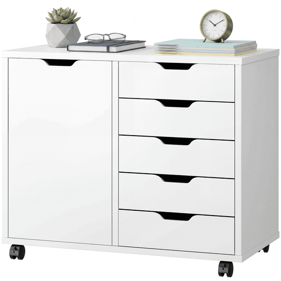 CONCETTA 5-Drawer Wood Storage Cabinet for Office & Home, Mobile Lateral Filing Cabinet, Printer Stand with Adjustable Shelf, Wheels with Breaker, White