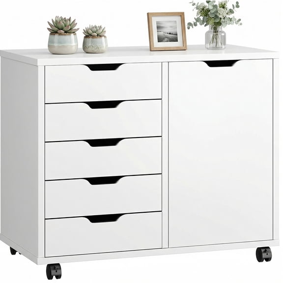 CONCETTA 5-Drawer Wood Storage Cabinet for Office & Home, Mobile Lateral Filing Cabinet, Printer Stand with Adjustable Shelf, Wheels with Breaker, White