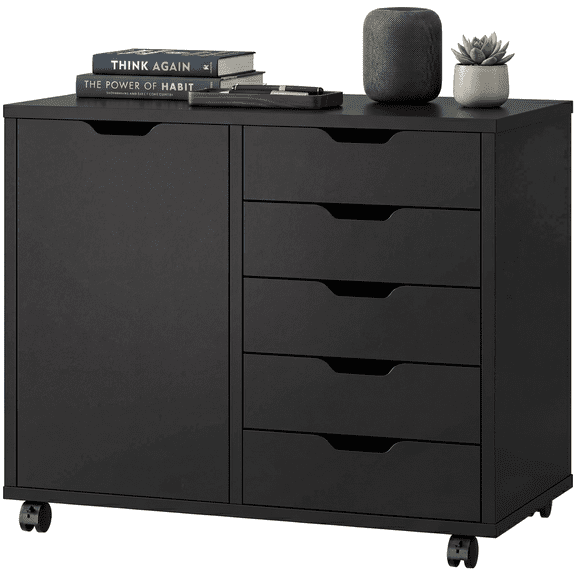 CONCETTA 5-Drawer Wood Storage Cabinet for Office & Home, Mobile Lateral Filing Cabinet, Printer Stand Cabinet with Adjustable Shelf, Wheels with Breaker, Black